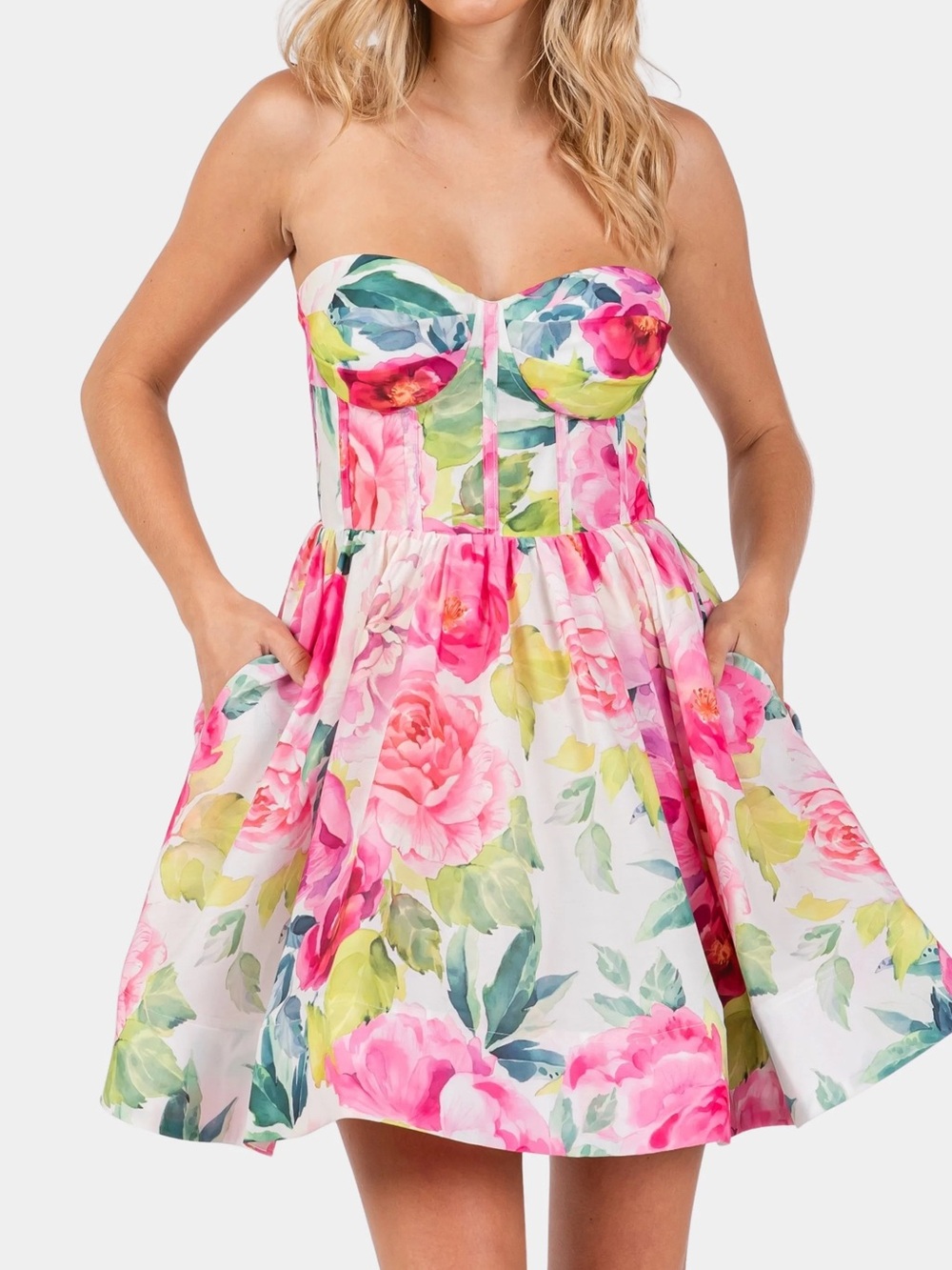 Strapless Pink Floral A-Line Dress